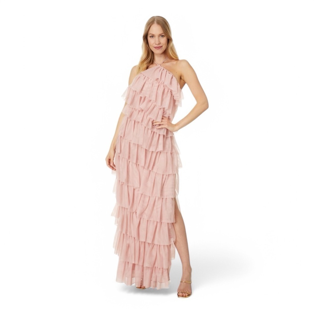 Betsy & Adam Long Mesh Multi Tier Tie Neck in Blush Pink NWT